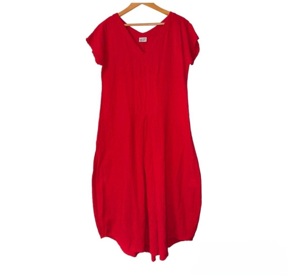 Oh my Gauze Red V-Neck Short Sleeve Lagenlook Midi Dress Minimalist cotton